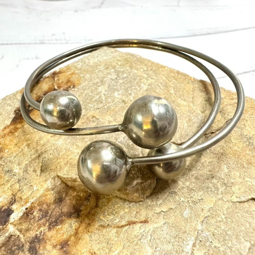 Vintage Sterling Silver Double Bypass Ball Orb 925 Statement Cuff Bracelet 17g